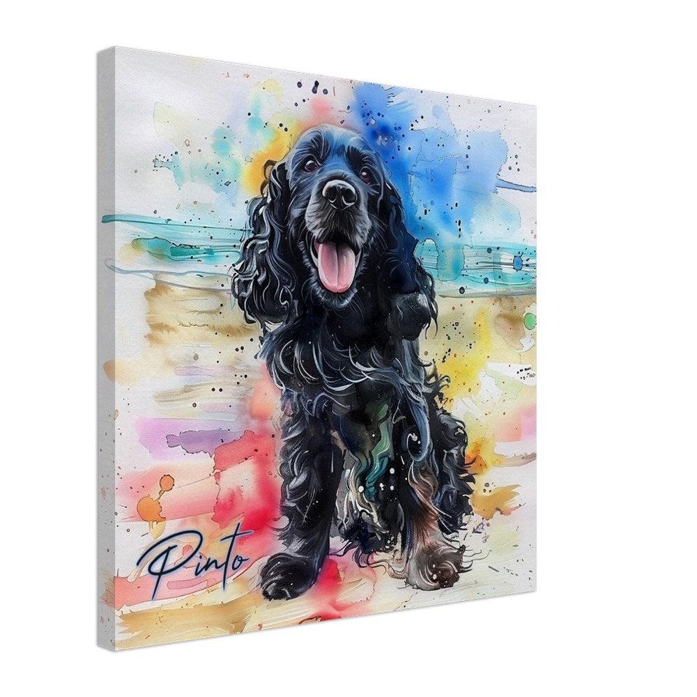 Pinto on the Beach. Colorful Black Cocker Spaniel Pet Memorial Canvas With Splashes of Rainbow Color - CanvasityCrafts - Free Shipping