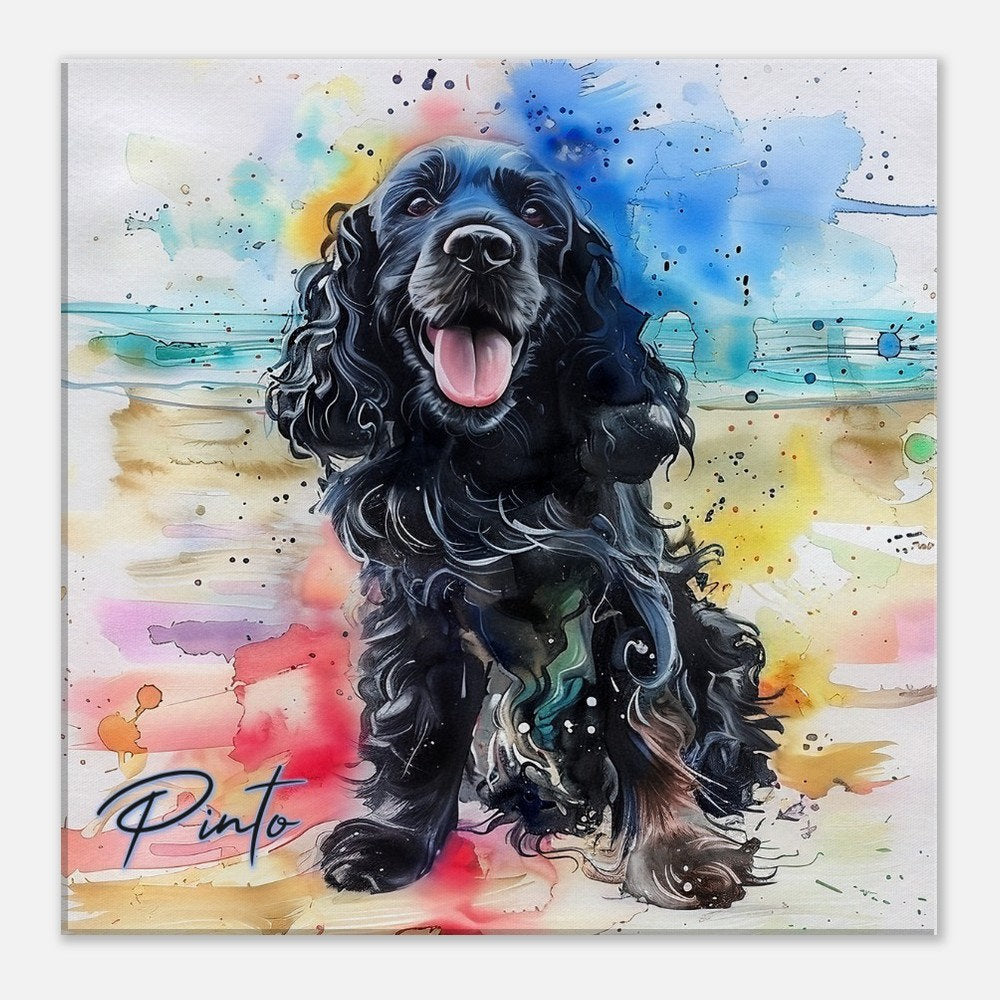 Pinto on the Beach. Colorful Black Cocker Spaniel Pet Memorial Canvas With Splashes of Rainbow Color - CanvasityCrafts - Free Shipping