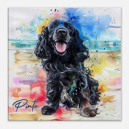 Pinto on the Beach. Colorful Black Cocker Spaniel Pet Memorial Canvas With Splashes of Rainbow Color - CanvasityCrafts - Free Shipping