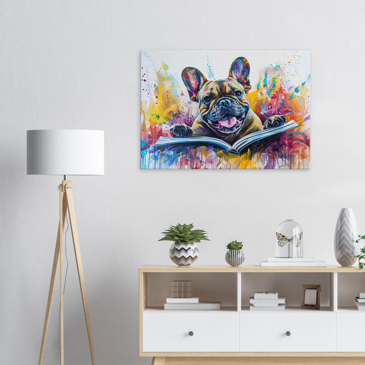 Book Lover French Bulldog Canvas. Frenchie Mom, Dad, Bookworm Gift. Watercolour Paint Splash Print for Dog Owner, Writer, Reading Decor - CanvasityCrafts - Free Shipping