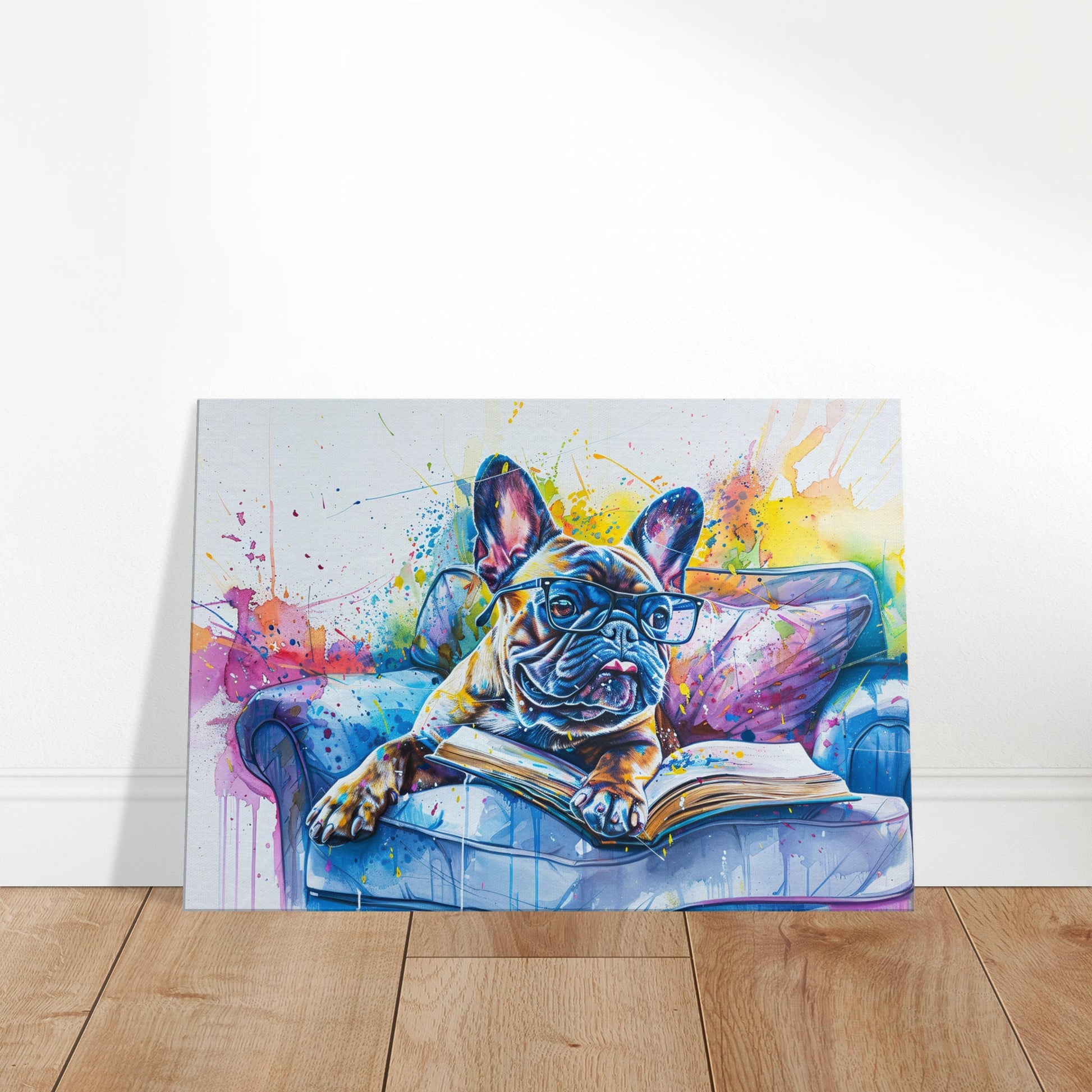 French Bulldog Canvas. Frenchie Mom, Dad, Bookworm Gift. Watercolour Paint Splash Print for Dog Owner, Writer, Reading Decor - CanvasityCrafts - Free Shipping