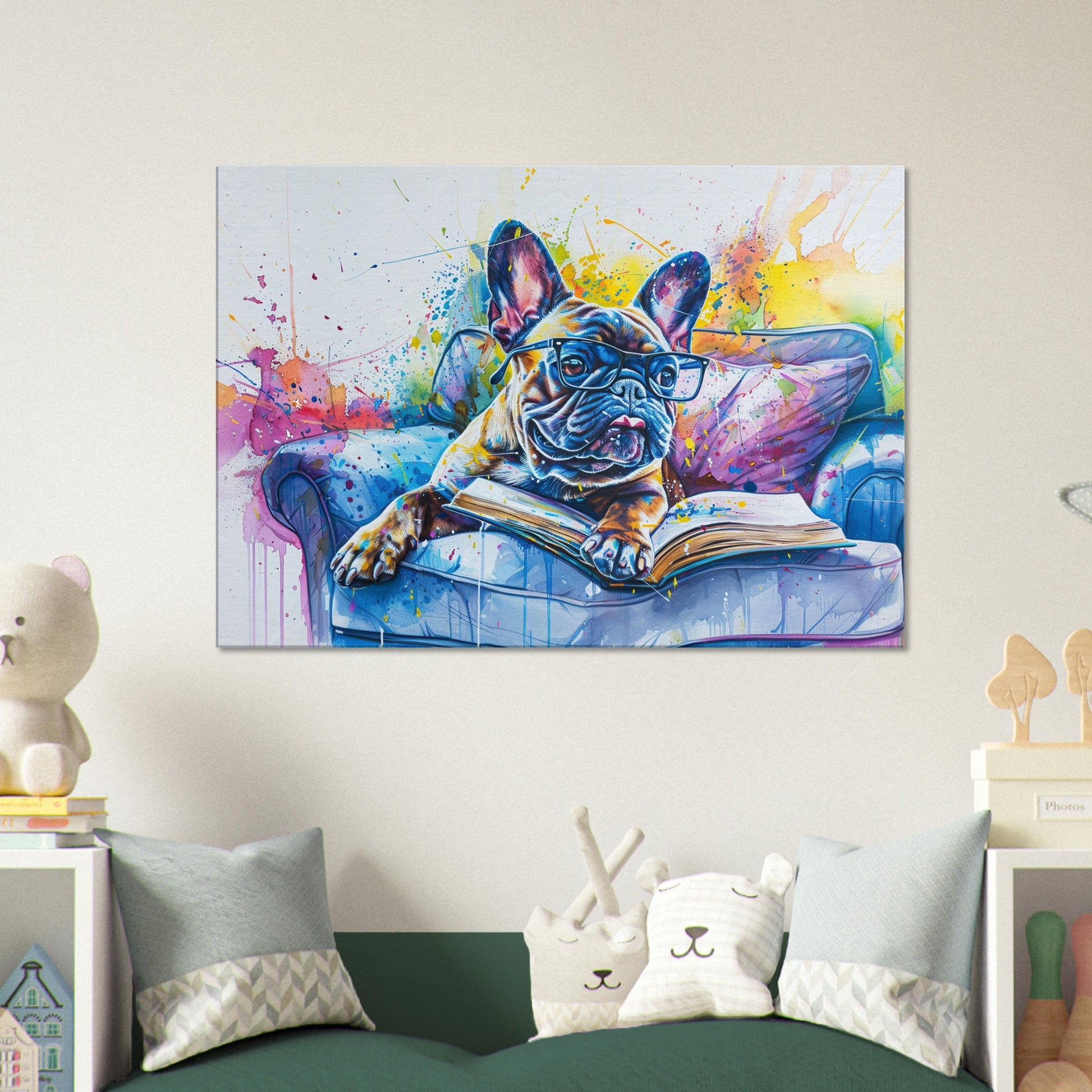 French Bulldog Canvas. Frenchie Mom, Dad, Bookworm Gift. Watercolour Paint Splash Print for Dog Owner, Writer, Reading Decor - CanvasityCrafts - Free Shipping