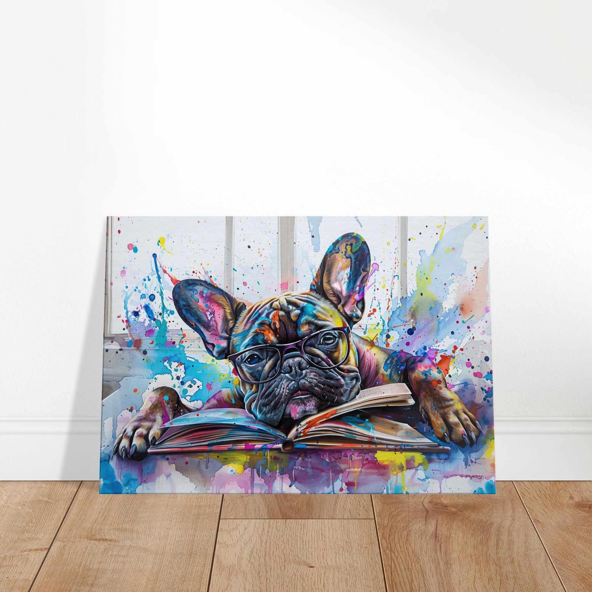 Sleepy French Bulldog Canvas. Frenchie Mom, Dad, Book Lover Gift. Watercolour Paint Splash Print for Dog Parents, Writer, Reading Decor - CanvasityCrafts - Free Shipping