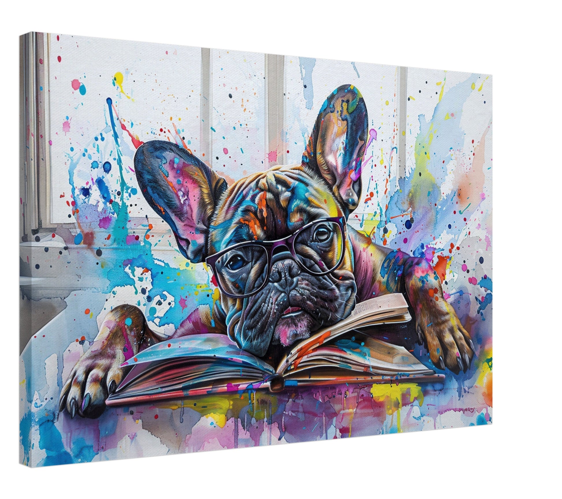 Sleepy French Bulldog Canvas. Frenchie Mom, Dad, Book Lover Gift. Watercolour Paint Splash Print for Dog Parents, Writer, Reading Decor - CanvasityCrafts - Free Shipping