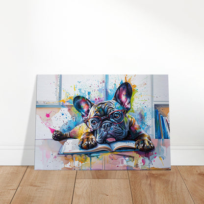 French Bulldog at a Desk Canvas. Frenchie Owner, Book Lover, Kids Room Decor Gift. Paint Splash Print. Library, Classroom, School Reading - CanvasityCrafts - Free Shipping