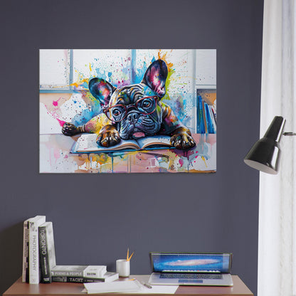 French Bulldog at a Desk Canvas. Frenchie Owner, Book Lover, Kids Room Decor Gift. Paint Splash Print. Library, Classroom, School Reading - CanvasityCrafts - Free Shipping