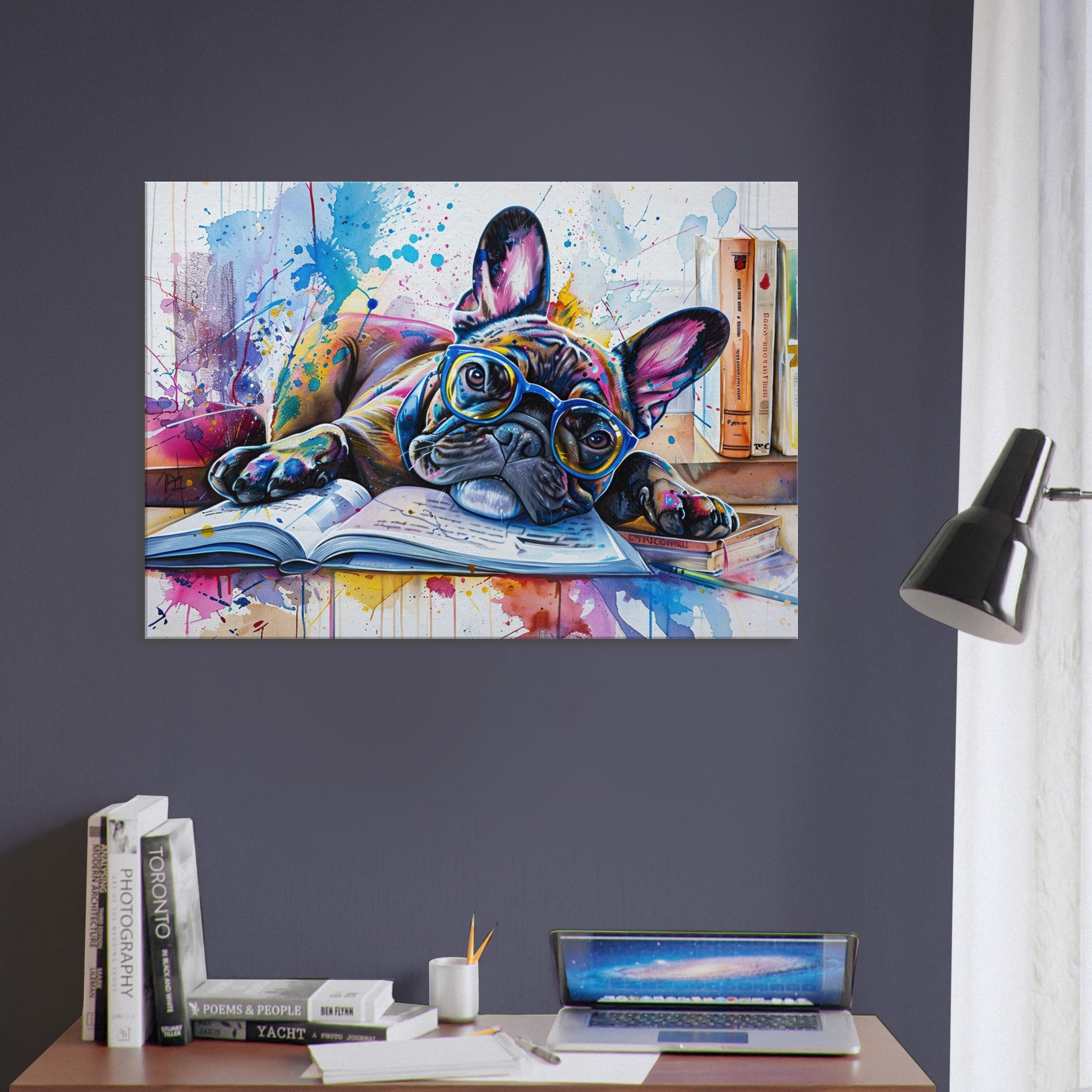 French Bulldog Reading on Canvas. Frenchie Mom, Dad, Book Lover, Teacher Decor Gift. Paint Splash Print. Library, Classroom, Office Reading - CanvasityCrafts - Free Shipping