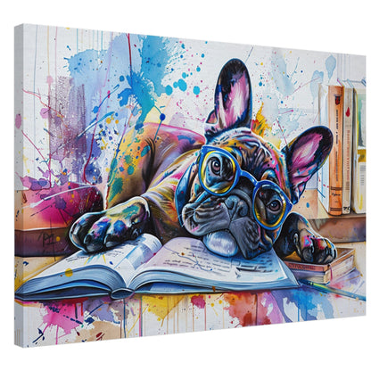 French Bulldog Reading on Canvas. Frenchie Mom, Dad, Book Lover, Teacher Decor Gift. Paint Splash Print. Library, Classroom, Office Reading - CanvasityCrafts - Free Shipping