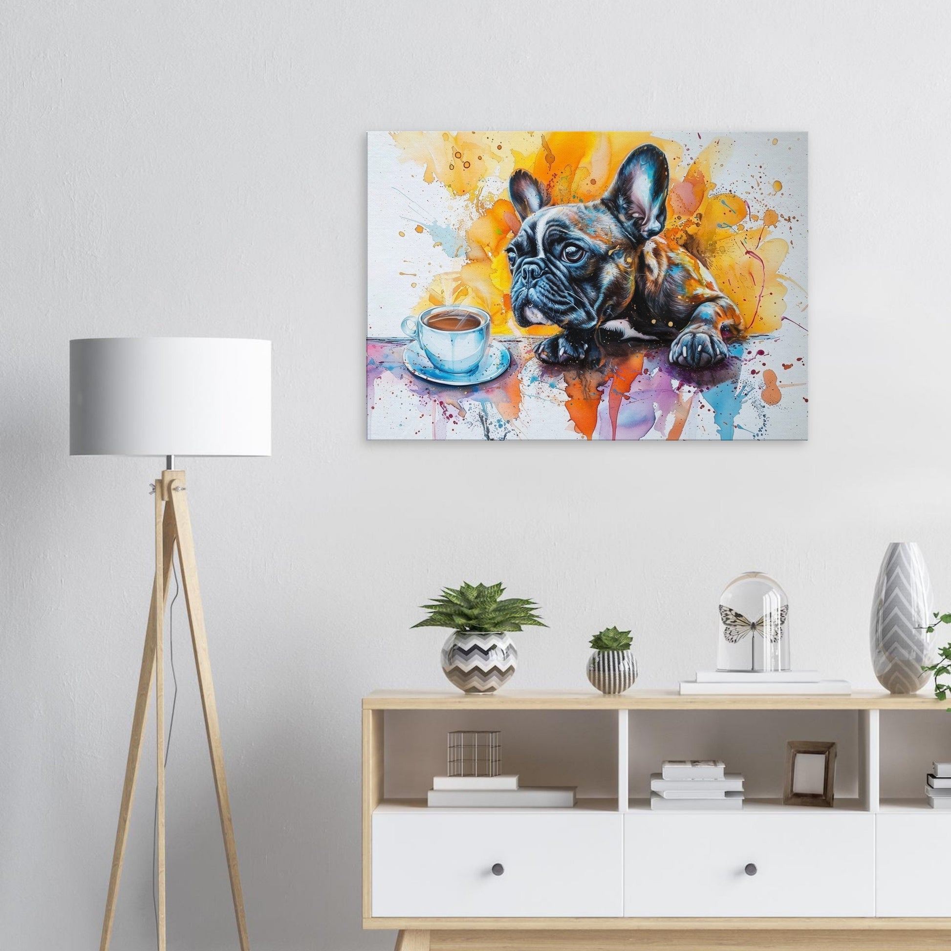 French Bulldog Coffee Canvas. Frenchie Mom Dad Coffee Lover Room Decor Gift. Watercolour Wall Art Coffee Shop Print, Paint Splash Picture - CanvasityCrafts - Free Shipping