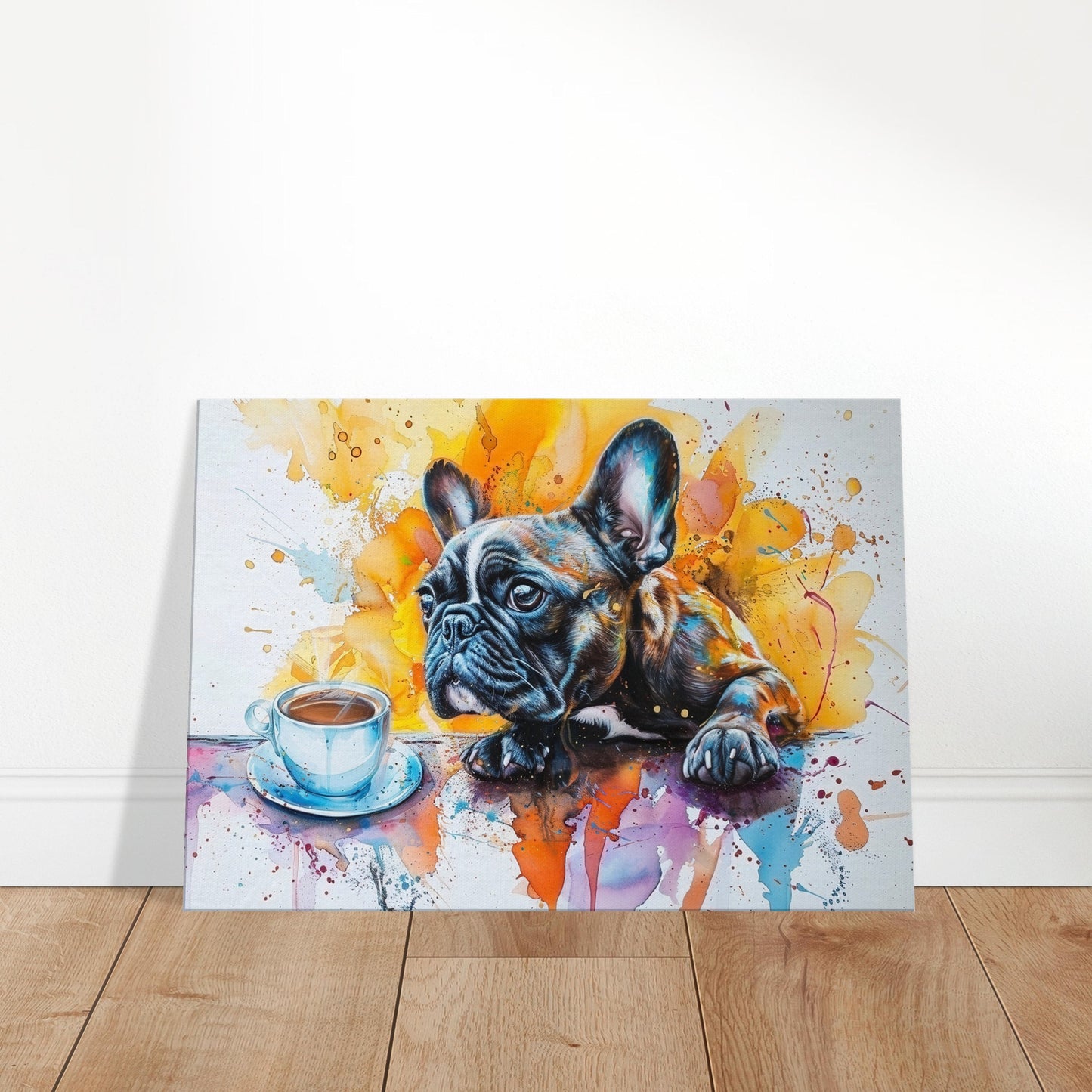 French Bulldog Coffee Canvas. Frenchie Mom Dad Coffee Lover Room Decor Gift. Watercolour Wall Art Coffee Shop Print, Paint Splash Picture - CanvasityCrafts - Free Shipping