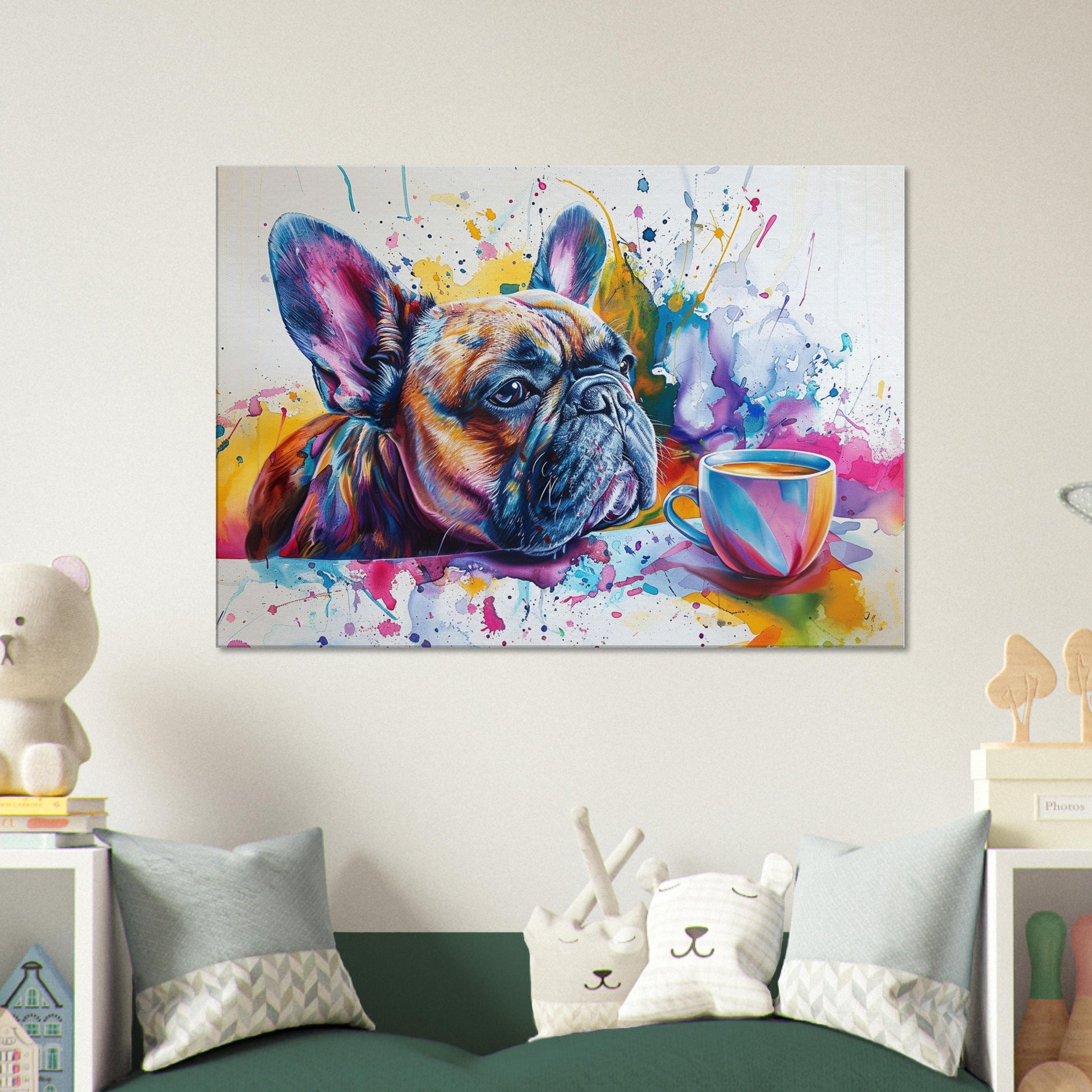 French Bulldog Coffee Canvas. Frenchie Mom Dad Coffee Lover Room Decor Gift. Watercolour Wall Art Coffee Shop Print - CanvasityCrafts - Free Shipping