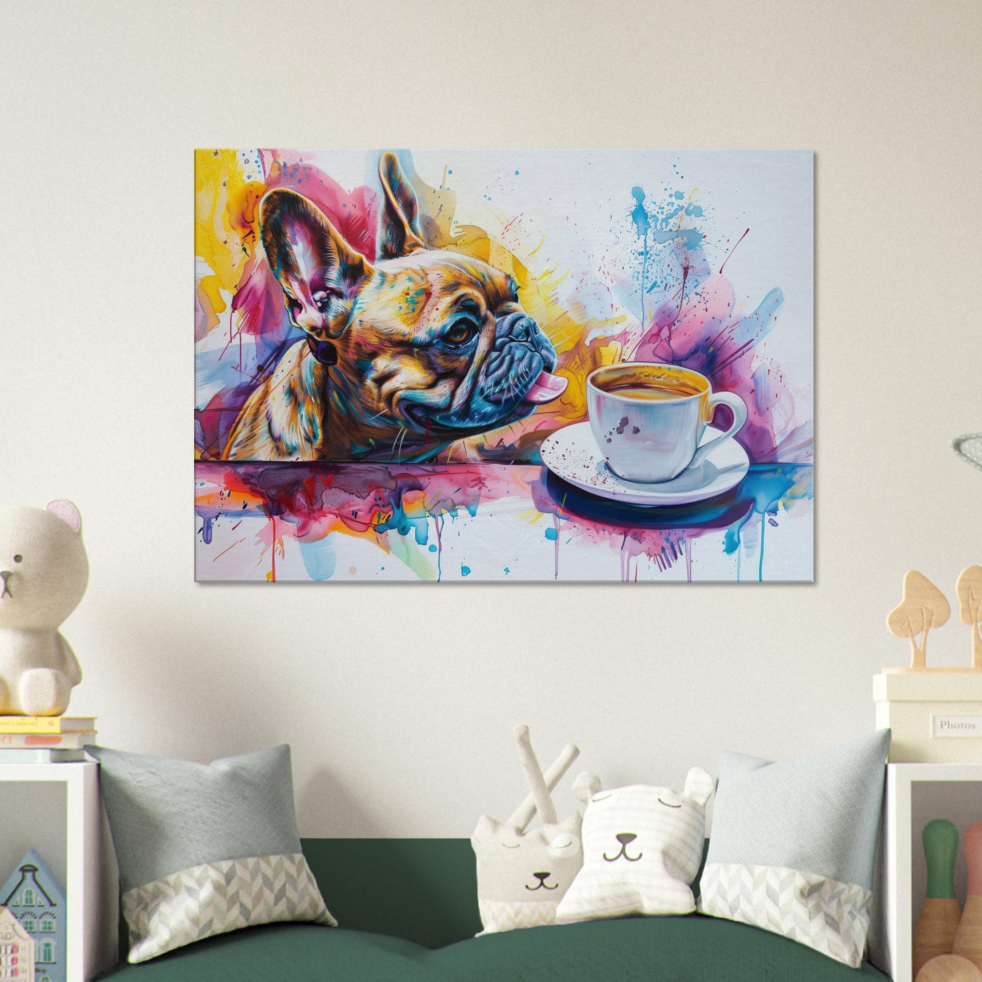 French Bulldog Coffee Canvas. Paint Splash Frenchie Mom Dad Coffee Lover Room Decor Gift. Watercolour Wall Art Coffee Shop Print, Lick Lick! - CanvasityCrafts - Free Shipping