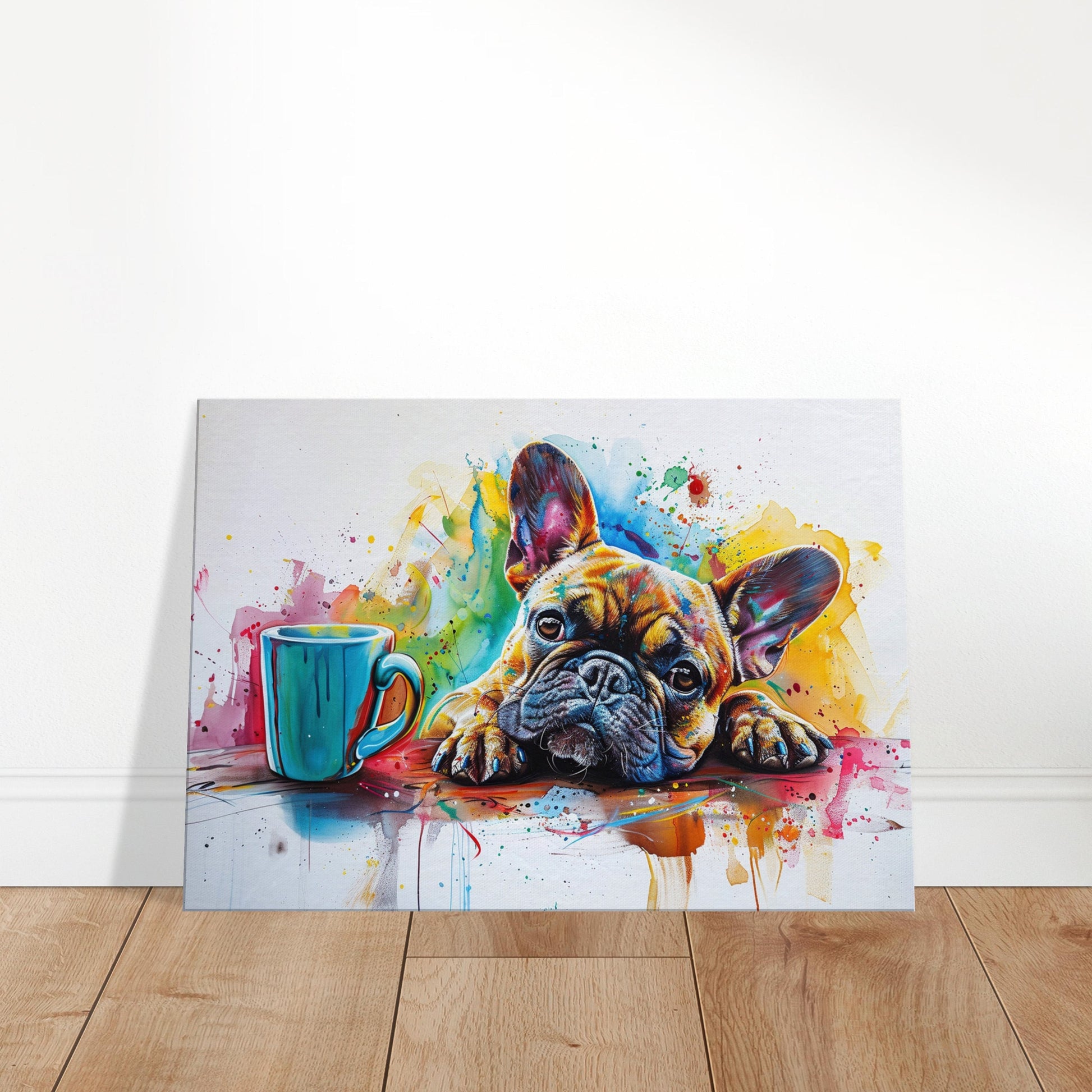 French Bulldog Coffee Canvas. Frenchie Mom Dad Coffee Lover Room Decor Gift. Watercolour Wall Art Coffee Shop Print, Paint Splash Picture - CanvasityCrafts - Free Shipping