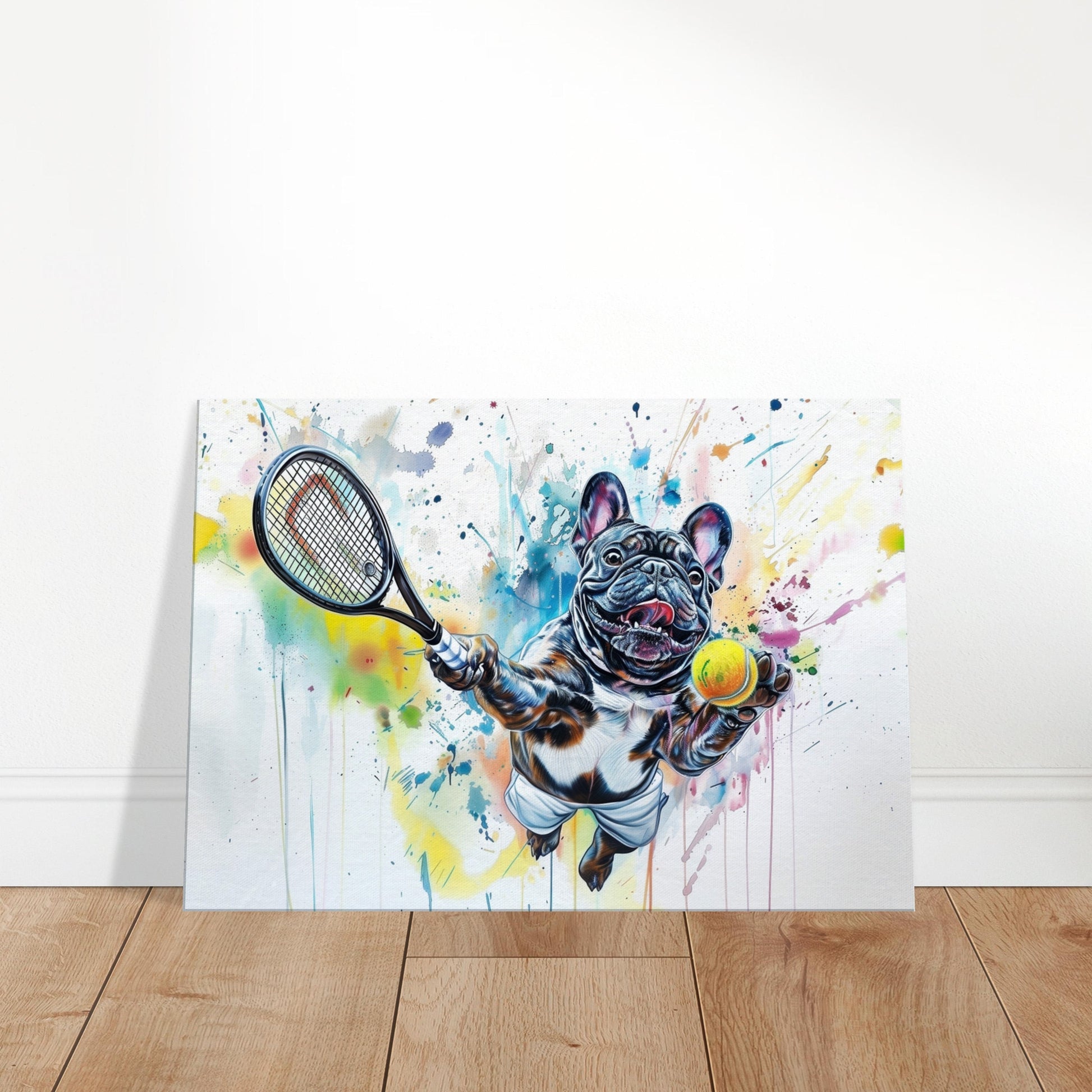 French Bulldog Tennis Player on Canvas. Funny Frenchie Mom Dad Sports Lover Room Decor Gift. Watercolour Wall Art Tennis Ball Print - CanvasityCrafts - Free Shipping