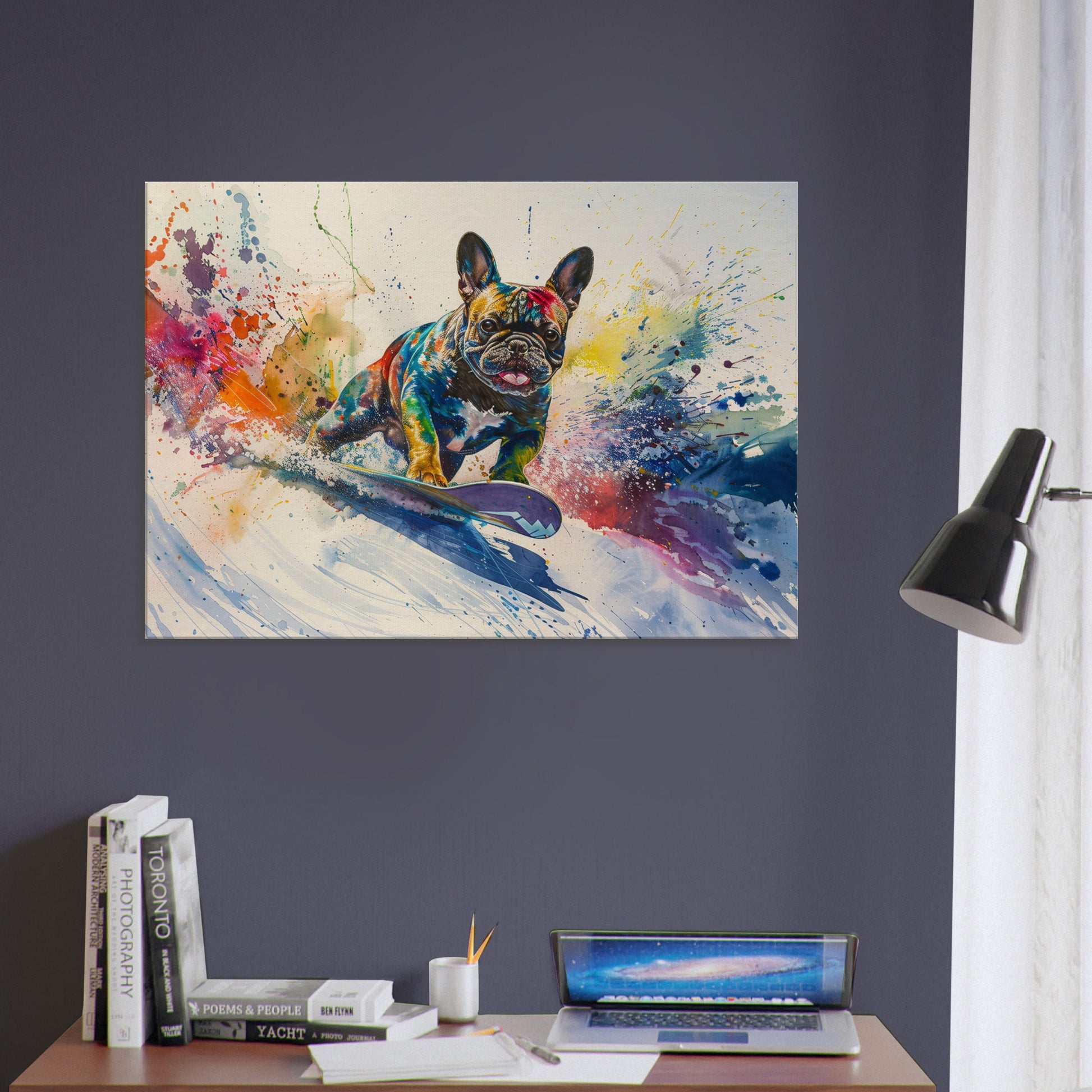 Snowboarding French Bulldog on Canvas. Frenchie Mom Dad Snowboarder Skiier Snowboard Lover Room Decor Gift. Watercolour Wall Art Print - CanvasityCrafts - Free Shipping