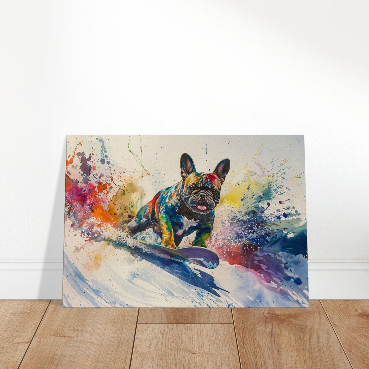 Snowboarding French Bulldog on Canvas. Frenchie Mom Dad Snowboarder Skiier Snowboard Lover Room Decor Gift. Watercolour Wall Art Print - CanvasityCrafts - Free Shipping