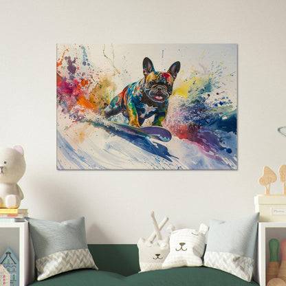 Snowboarding French Bulldog on Canvas. Frenchie Mom Dad Snowboarder Skiier Snowboard Lover Room Decor Gift. Watercolour Wall Art Print - CanvasityCrafts - Free Shipping