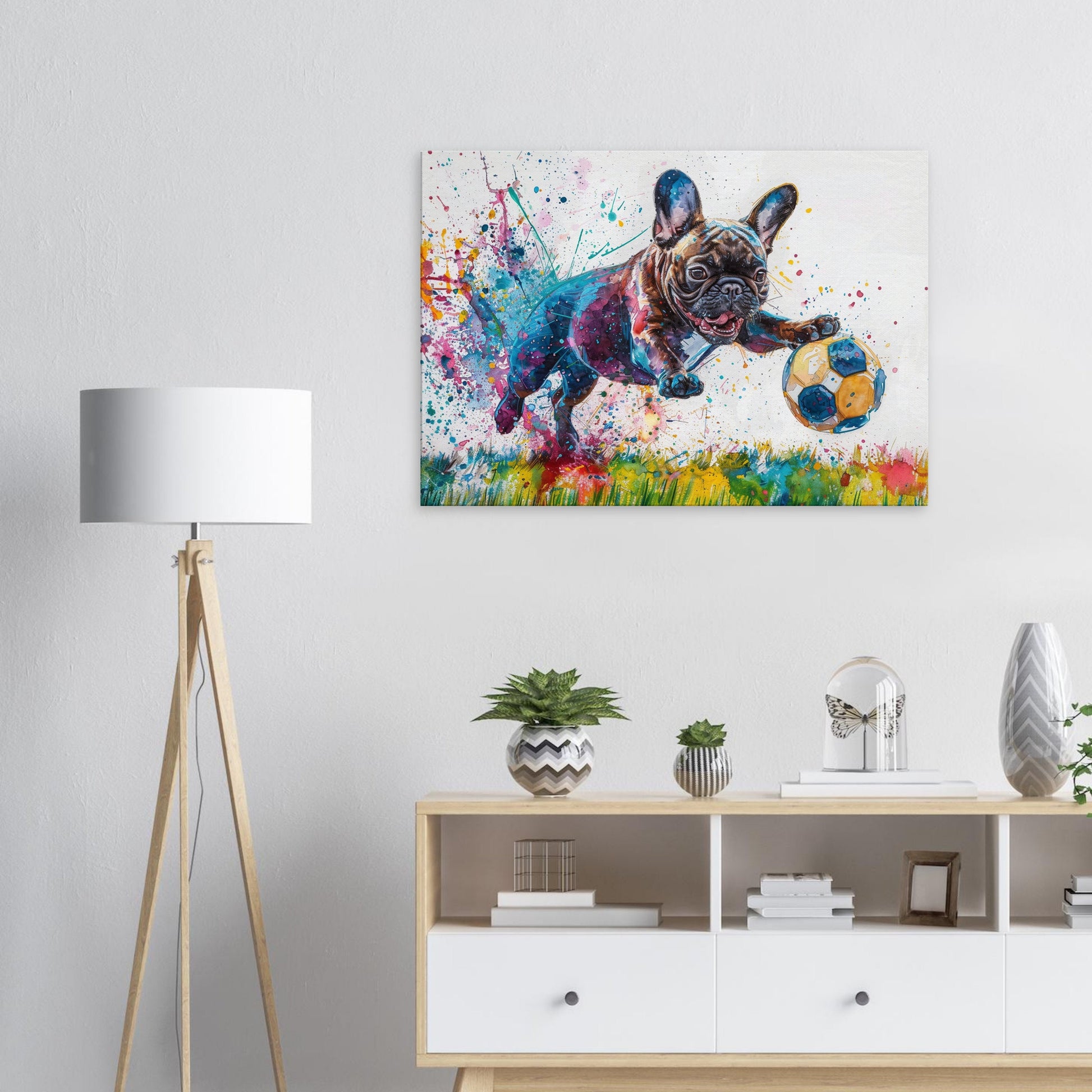 French Bulldog Playing Football Soccer on Canvas. Frenchie Mom, Dad, Sports Lover, Teen Room Decor Gift. Paint Splash Wall Art Print Picture - CanvasityCrafts - Free Shipping