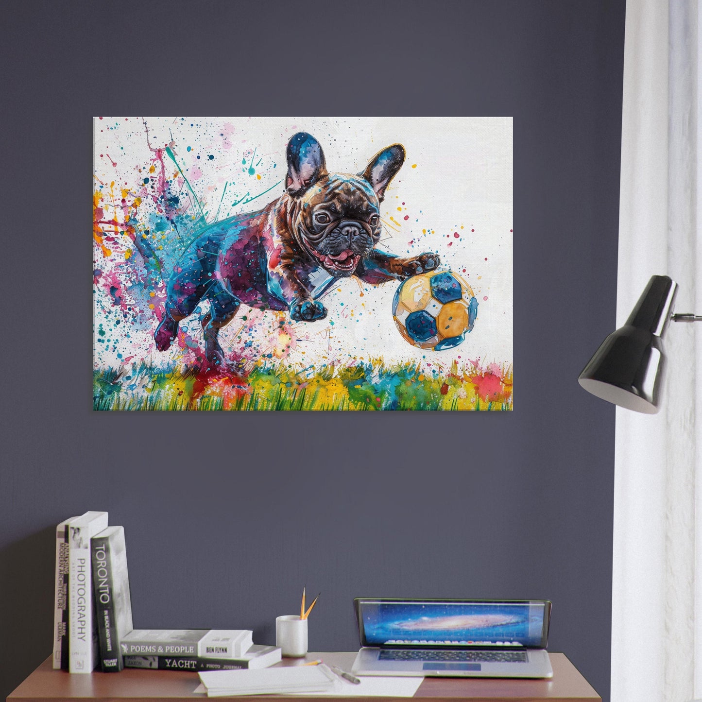 French Bulldog Playing Football Soccer on Canvas. Frenchie Mom, Dad, Sports Lover, Teen Room Decor Gift. Paint Splash Wall Art Print Picture - CanvasityCrafts - Free Shipping