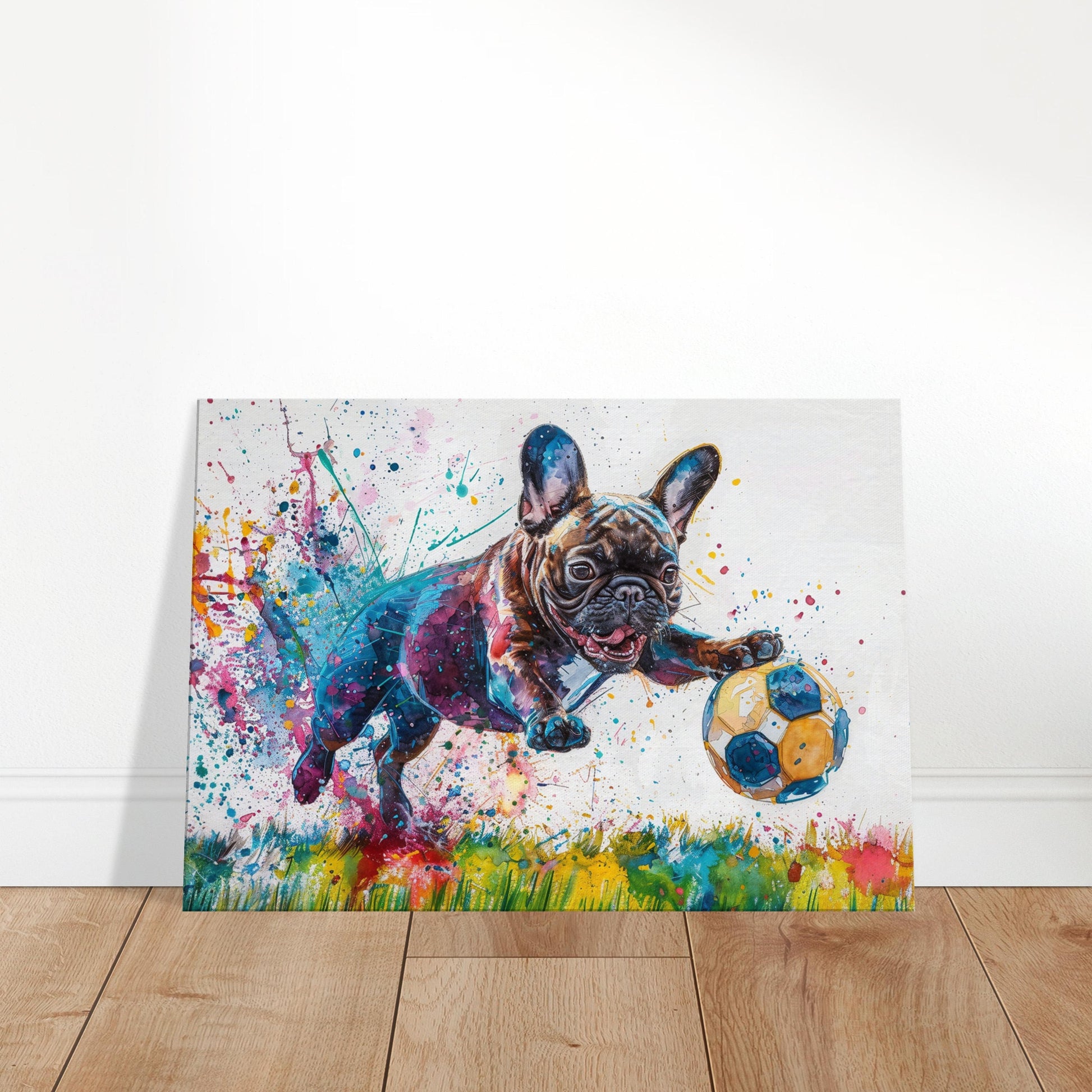 French Bulldog Playing Football Soccer on Canvas. Frenchie Mom, Dad, Sports Lover, Teen Room Decor Gift. Paint Splash Wall Art Print Picture - CanvasityCrafts - Free Shipping