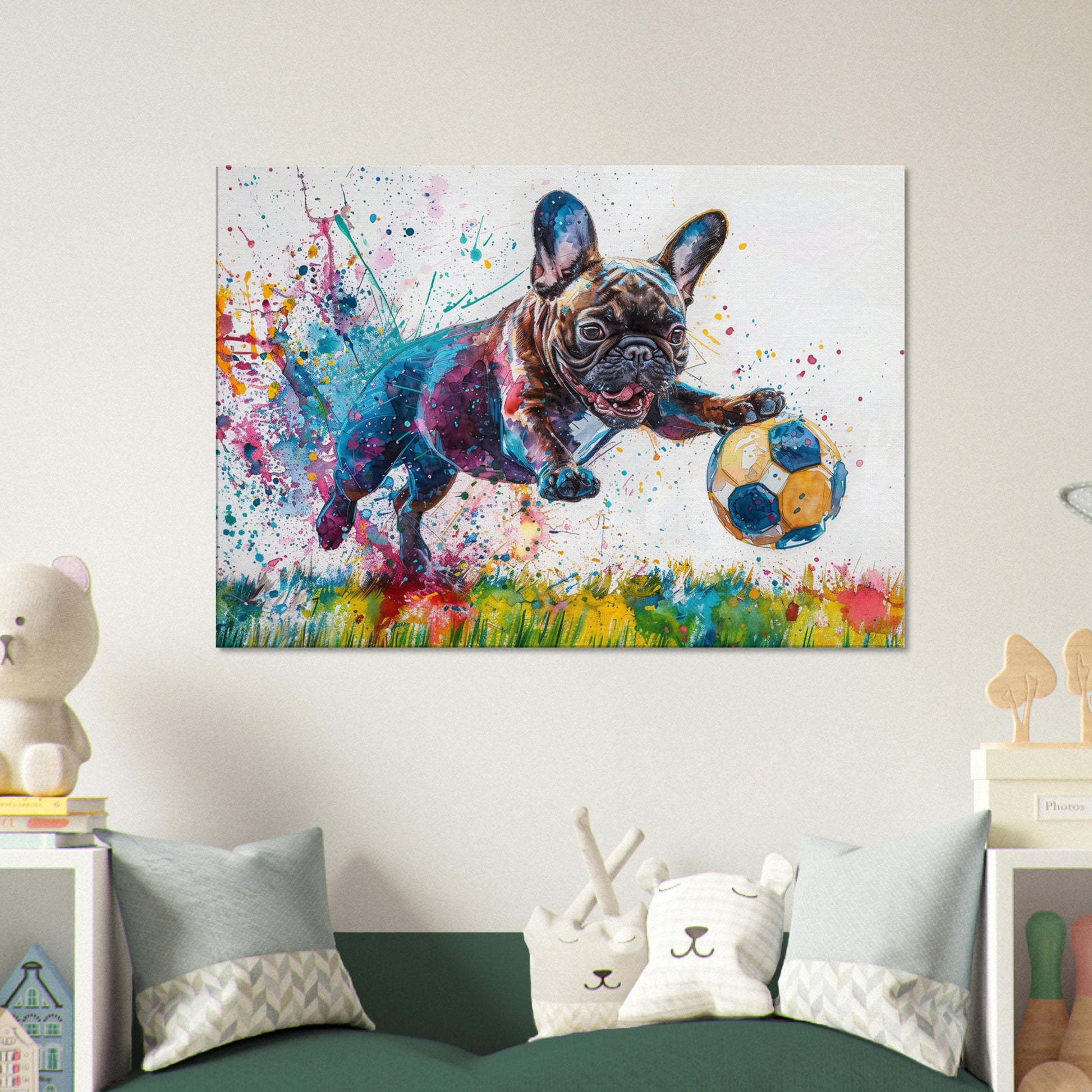 French Bulldog Playing Football Soccer on Canvas. Frenchie Mom, Dad, Sports Lover, Teen Room Decor Gift. Paint Splash Wall Art Print Picture - CanvasityCrafts - Free Shipping