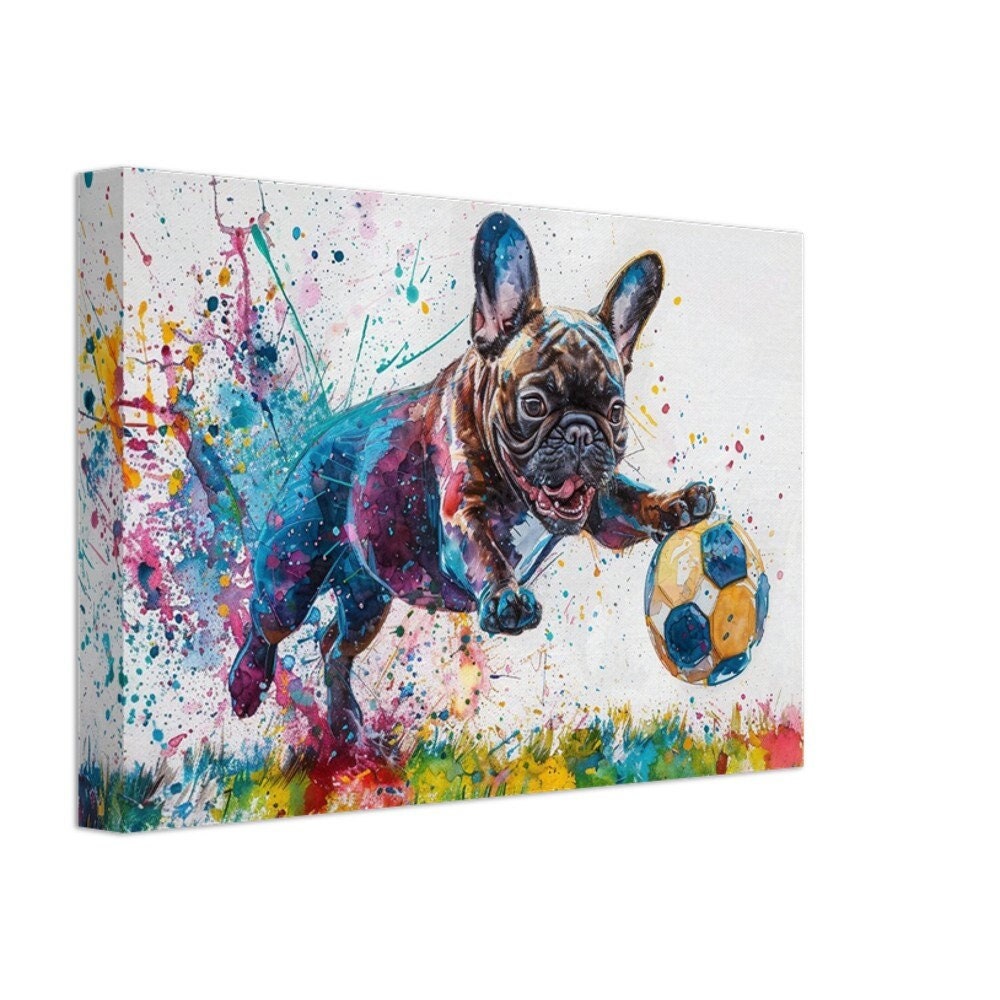 French Bulldog Playing Football Soccer on Canvas. Frenchie Mom, Dad, Sports Lover, Teen Room Decor Gift. Paint Splash Wall Art Print Picture - CanvasityCrafts - Free Shipping