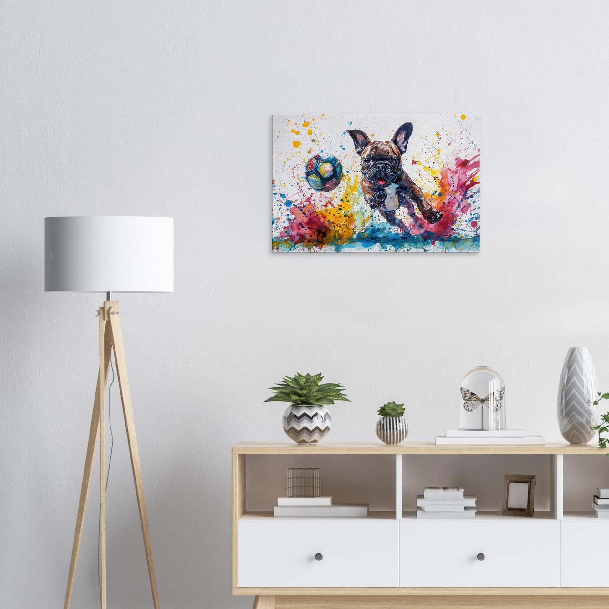 Colourful French Bulldog Playing Football Soccer on Canvas. Frenchie Mom Dad Sports Lover Teen Room Decor Gift. Paint Splash Wall Art Print - CanvasityCrafts - Free Shipping