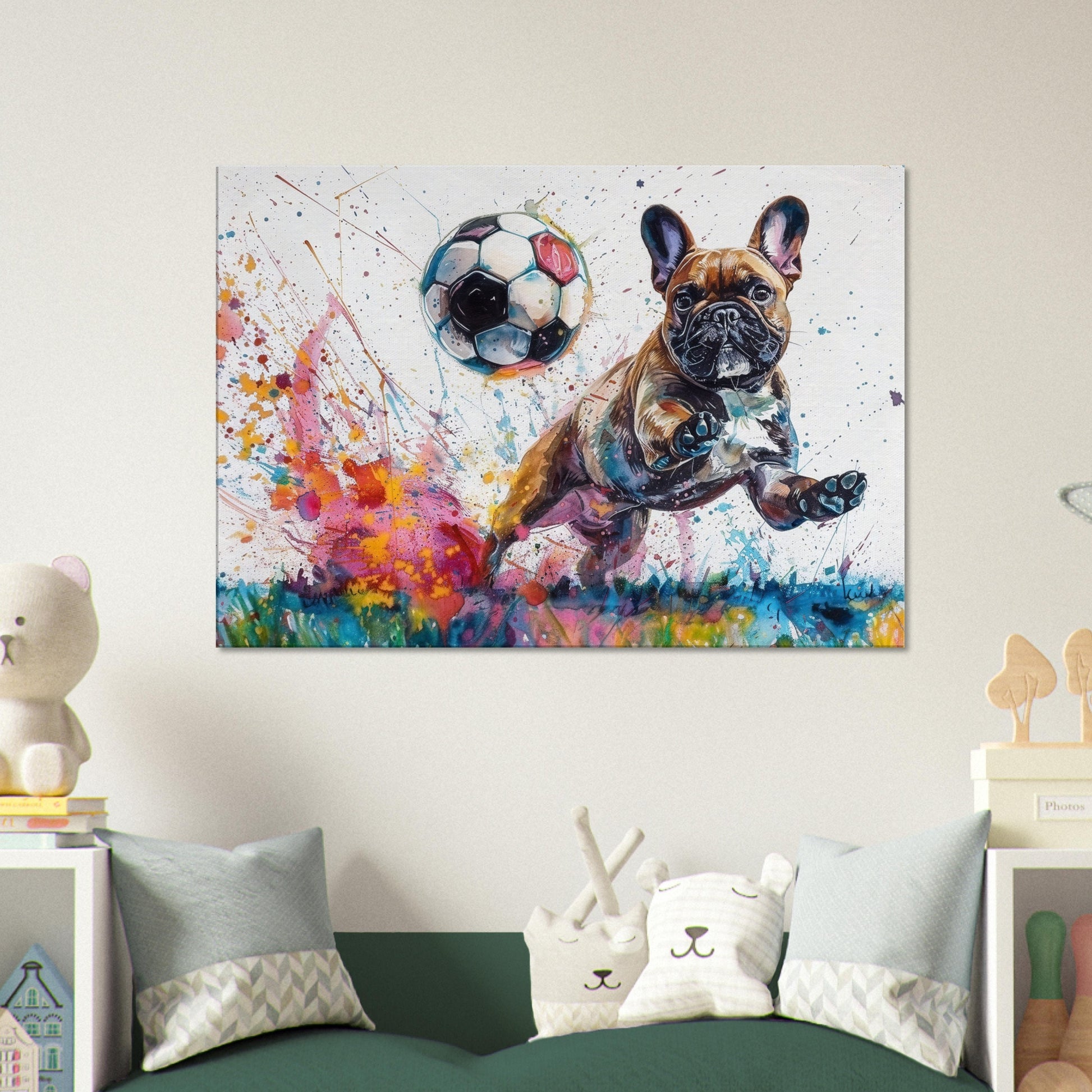 HEADS! French Bulldog Playing Football Soccer on Canvas. Frenchie Mom Dad Sports Lover Room Decor Gift. Watercolour Paint Splash Wall Art - CanvasityCrafts - Free Shipping