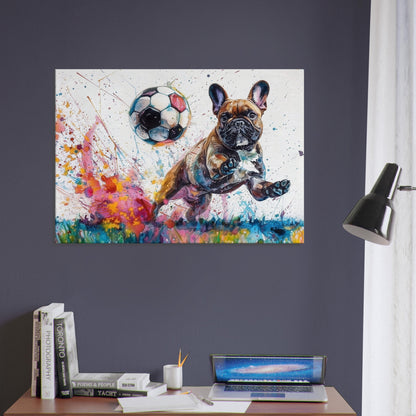 HEADS! French Bulldog Playing Football Soccer on Canvas. Frenchie Mom Dad Sports Lover Room Decor Gift. Watercolour Paint Splash Wall Art - CanvasityCrafts - Free Shipping