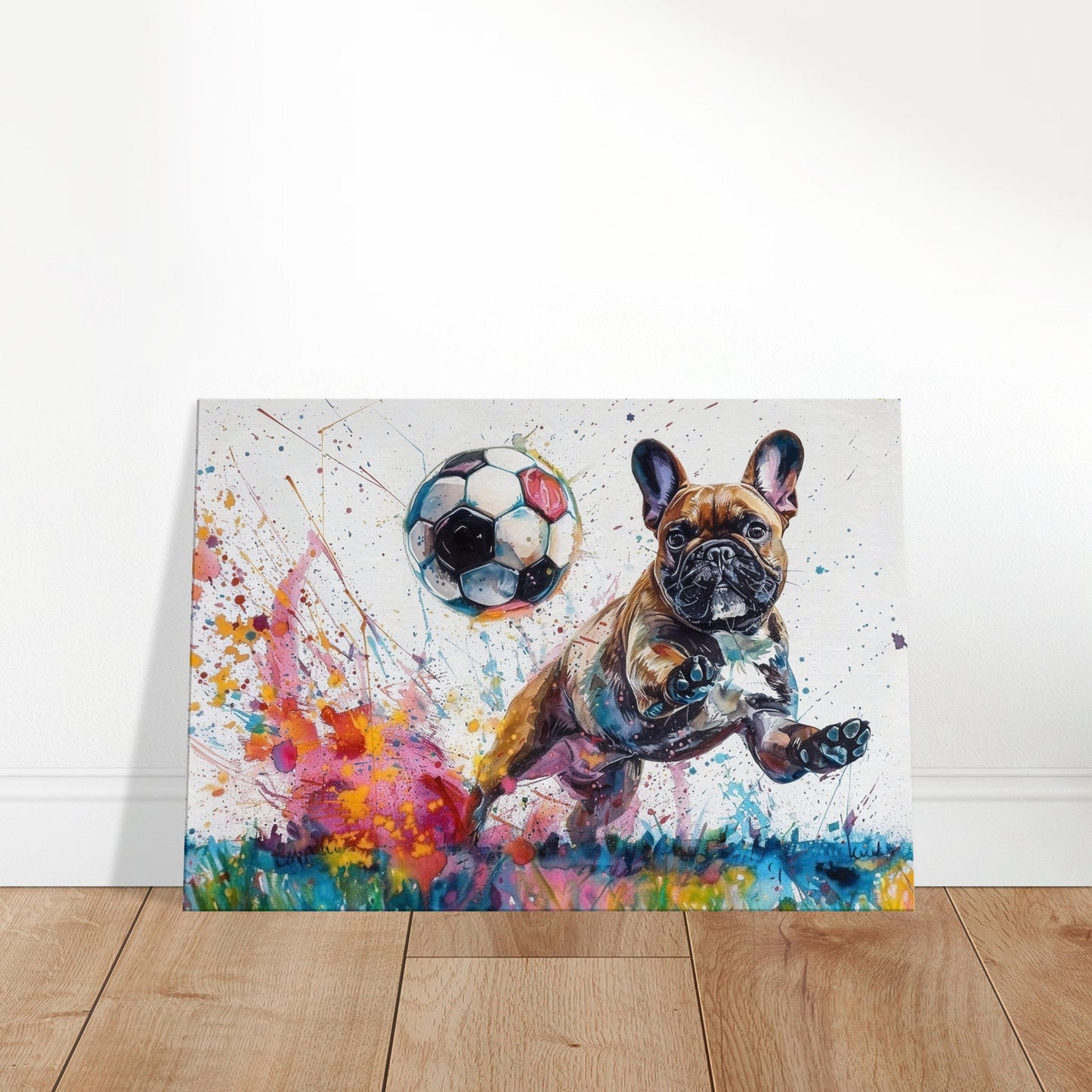 HEADS! French Bulldog Playing Football Soccer on Canvas. Frenchie Mom Dad Sports Lover Room Decor Gift. Watercolour Paint Splash Wall Art - CanvasityCrafts - Free Shipping