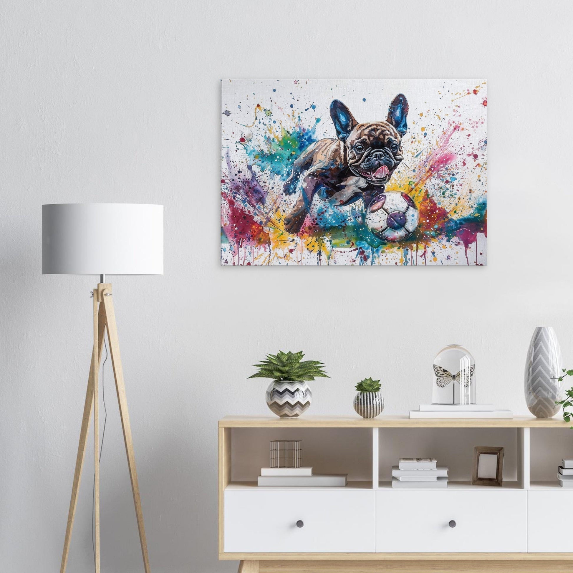 Paint Splash French Bulldog Playing Football Soccer on Canvas. Frenchie Mom Dad Sports Lover Room Decor Gift. Watercolour Wall Art Print - CanvasityCrafts - Free Shipping