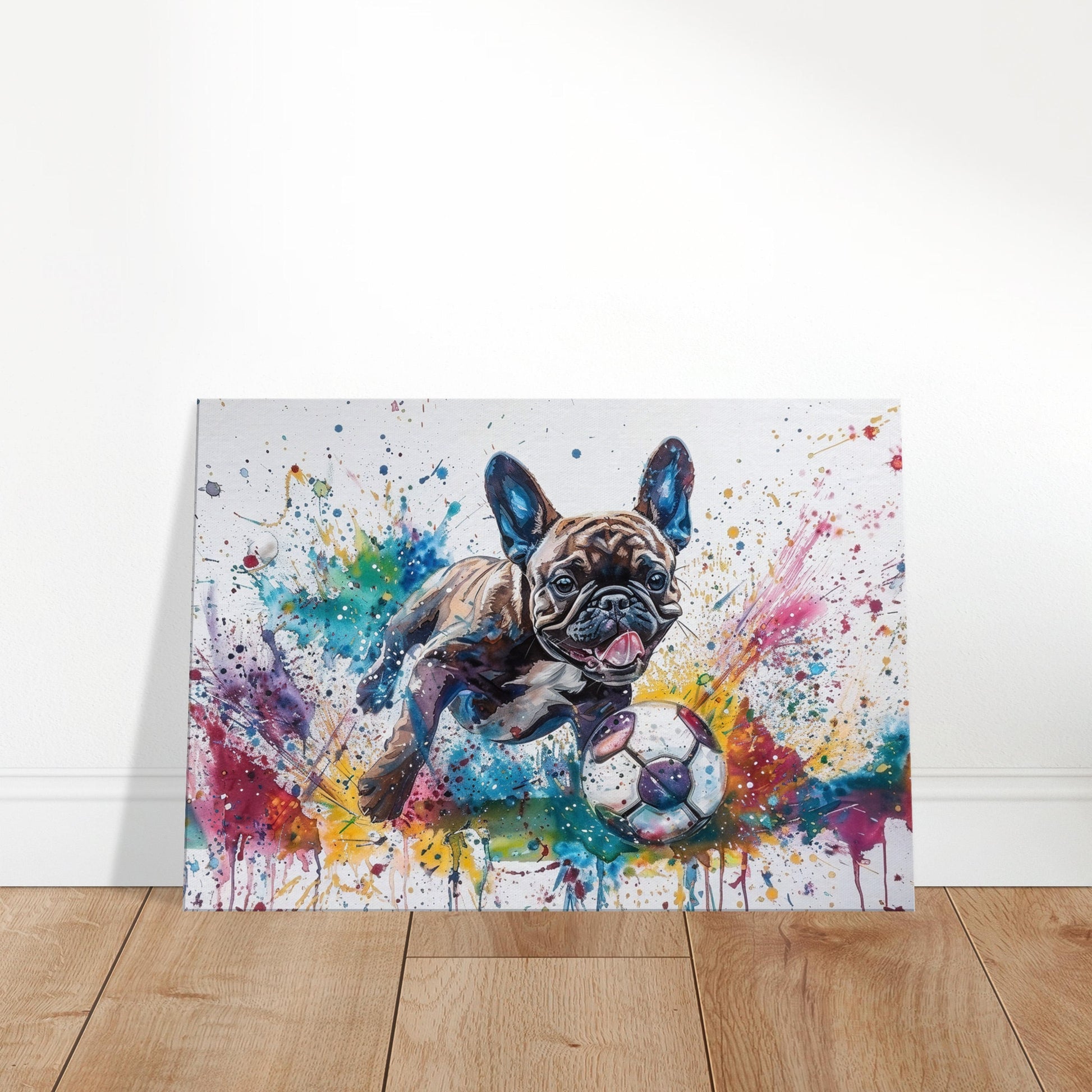 Paint Splash French Bulldog Playing Football Soccer on Canvas. Frenchie Mom Dad Sports Lover Room Decor Gift. Watercolour Wall Art Print - CanvasityCrafts - Free Shipping