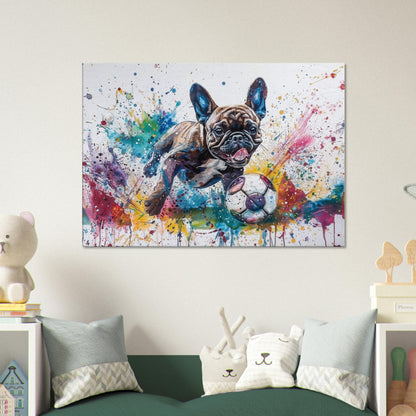 Paint Splash French Bulldog Playing Football Soccer on Canvas. Frenchie Mom Dad Sports Lover Room Decor Gift. Watercolour Wall Art Print - CanvasityCrafts - Free Shipping