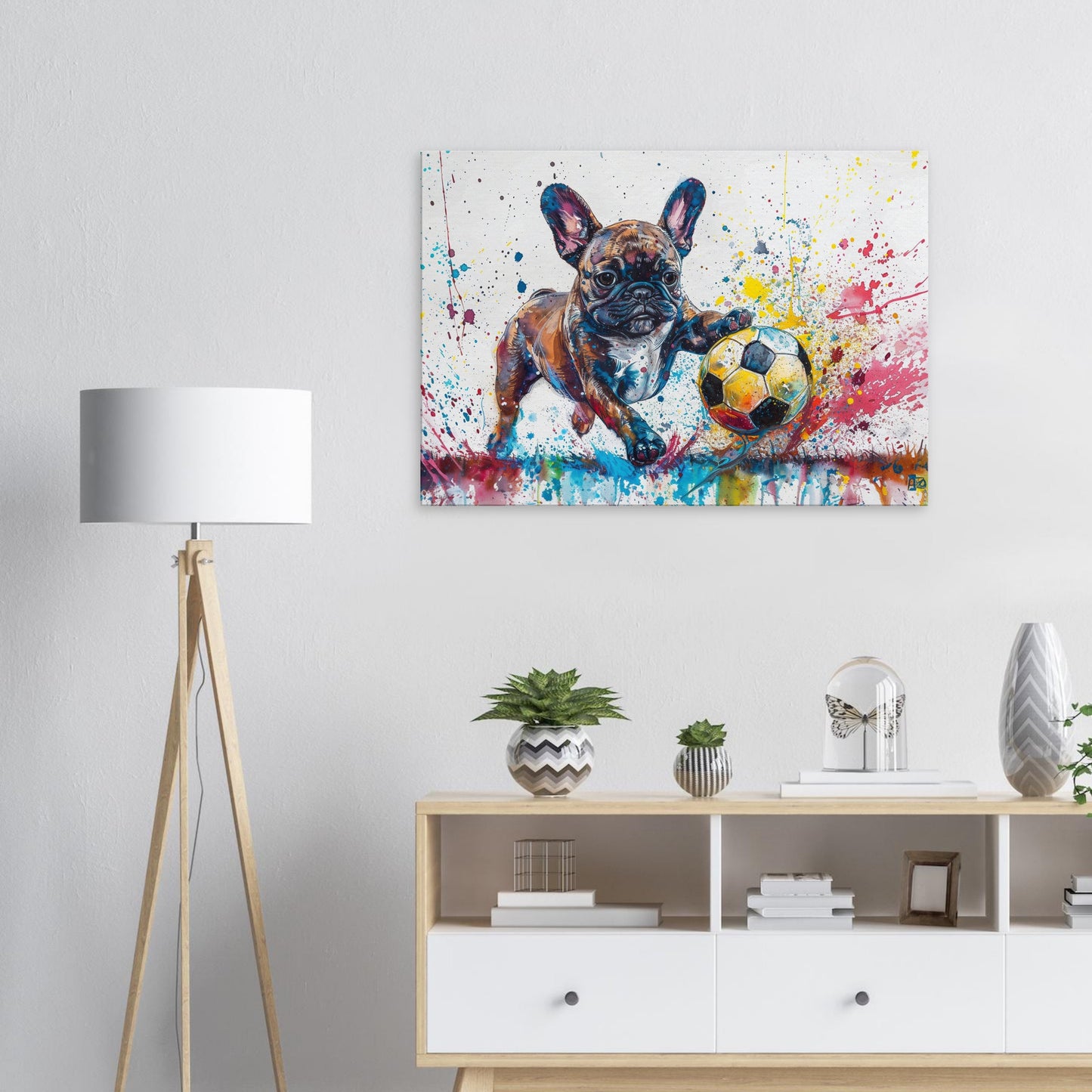 Cute French Bulldog Puppy with Football Soccer Ball on Canvas. Frenchie Mom Dad Sports Lover Room Decor Gift. Watercolour Wall Art Print - CanvasityCrafts - Free Shipping