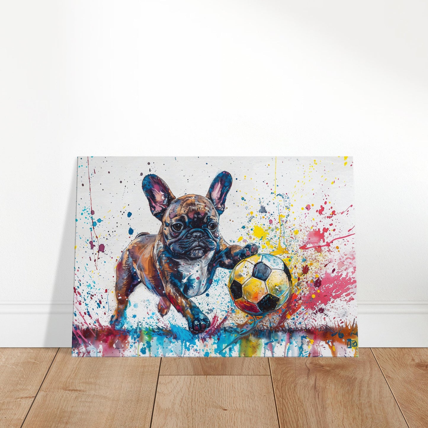 Cute French Bulldog Puppy with Football Soccer Ball on Canvas. Frenchie Mom Dad Sports Lover Room Decor Gift. Watercolour Wall Art Print - CanvasityCrafts - Free Shipping