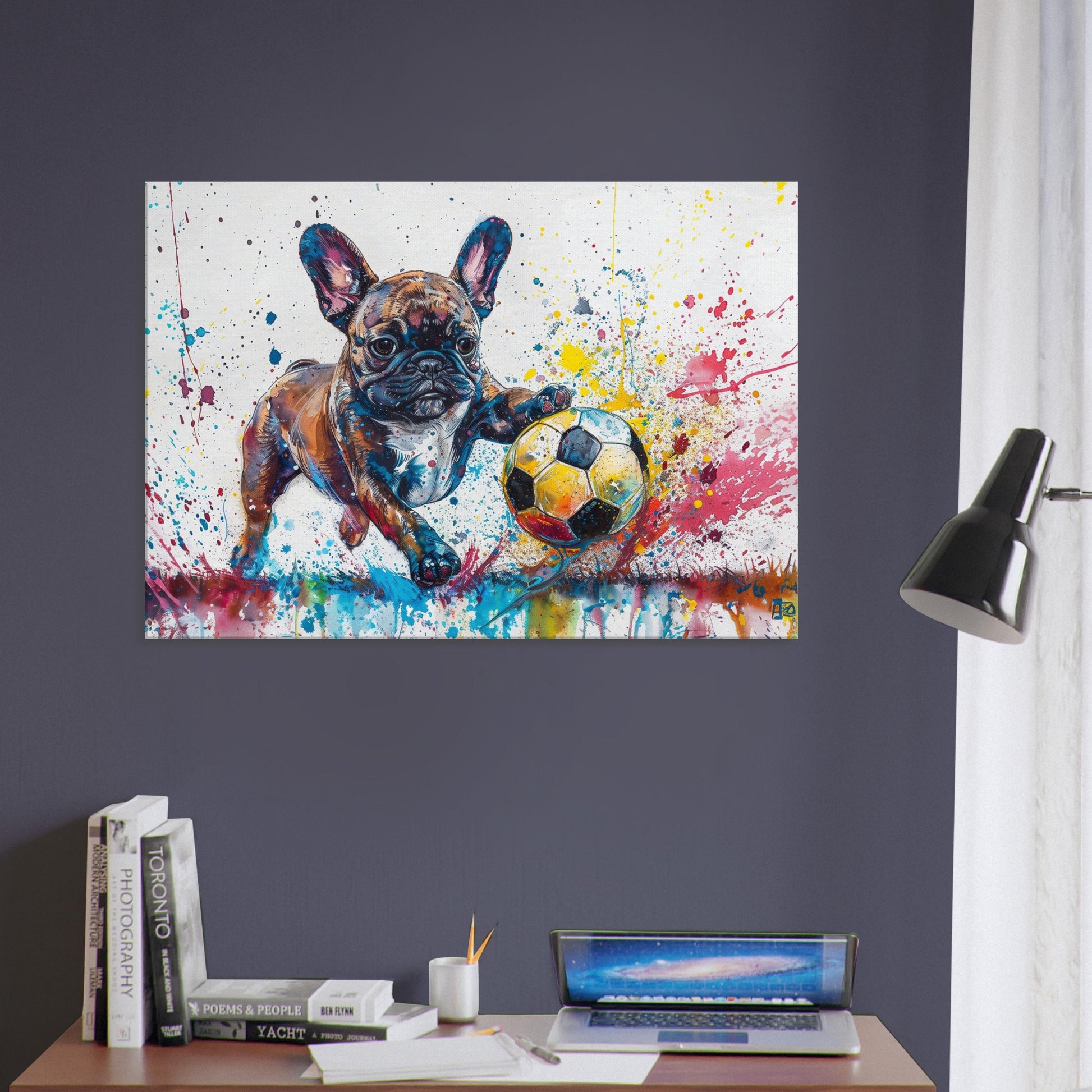 Cute French Bulldog Puppy with Football Soccer Ball on Canvas. Frenchie Mom Dad Sports Lover Room Decor Gift. Watercolour Wall Art Print - CanvasityCrafts - Free Shipping