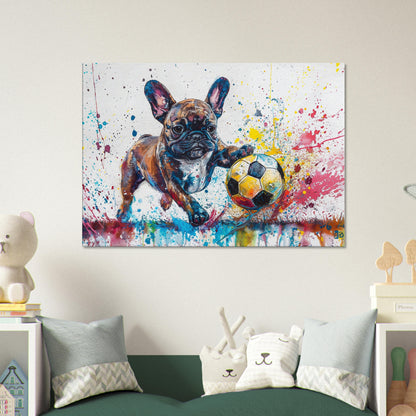 Cute French Bulldog Puppy with Football Soccer Ball on Canvas. Frenchie Mom Dad Sports Lover Room Decor Gift. Watercolour Wall Art Print - CanvasityCrafts - Free Shipping