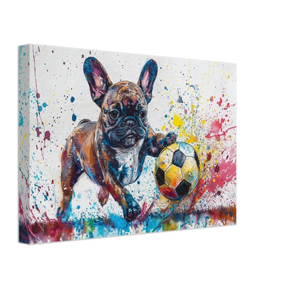 Cute French Bulldog Puppy with Football Soccer Ball on Canvas. Frenchie Mom Dad Sports Lover Room Decor Gift. Watercolour Wall Art Print - CanvasityCrafts - Free Shipping