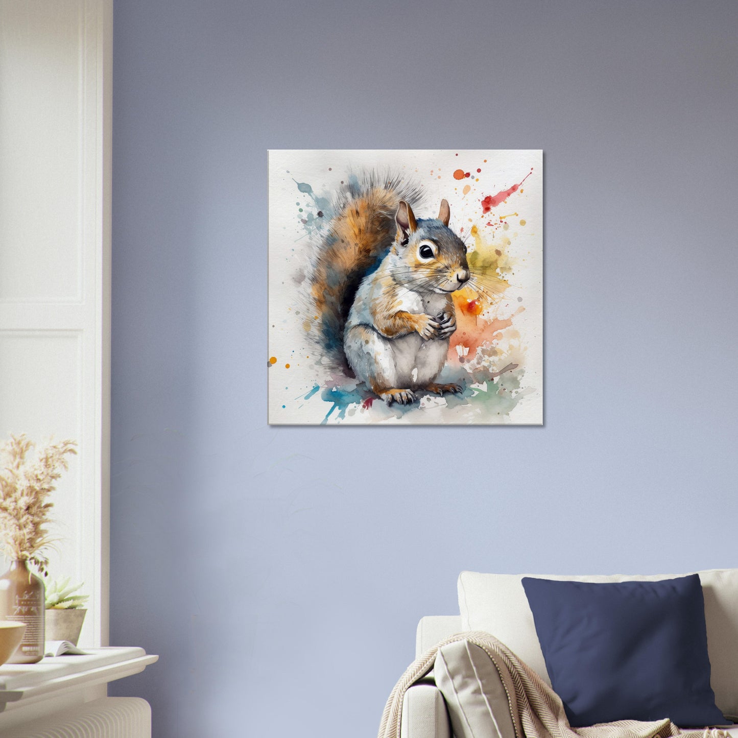 Watercolour Grey Squirrel Canvas Print. Paint Splash Gray Squirrel Nursery Decor, Animal Wall Art, Nut Lover Gift, Modern Home - CanvasityCrafts - Free Shipping