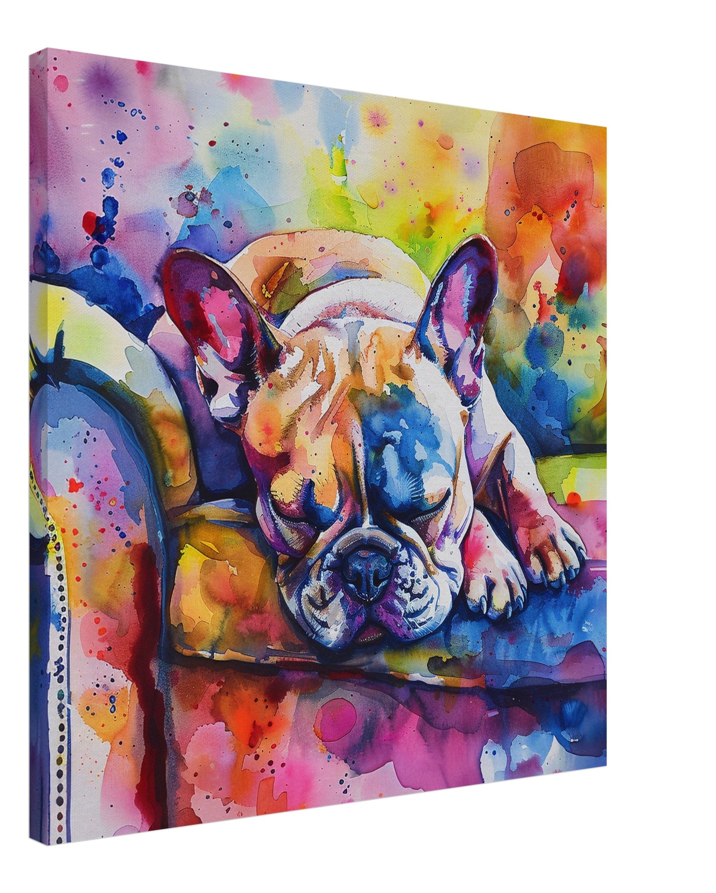 Watercolour Sleeping French Bulldog Canvas Print. Paint Splash Rainbow Decor, Animal Wall Art, Pet Loss Memorial Gift for Frenchie Mom, Dad - CanvasityCrafts - Free Shipping