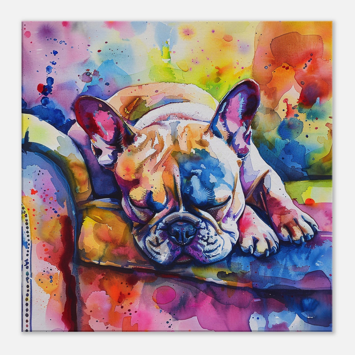 Watercolour Sleeping French Bulldog Canvas Print. Paint Splash Rainbow Decor, Animal Wall Art, Pet Loss Memorial Gift for Frenchie Mom, Dad - CanvasityCrafts - Free Shipping