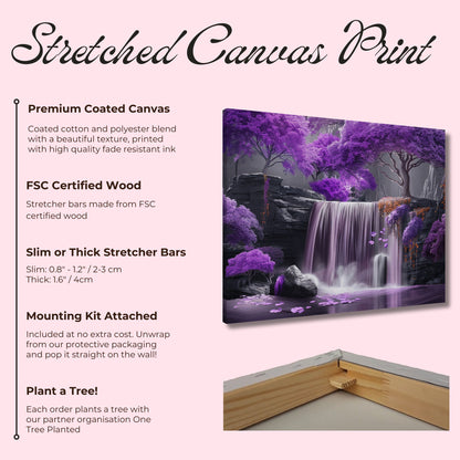 Relaxing Waterfall in a Purple Fairytale Woodland on Canvas. A unique floral forest scene. Violet home decor print, lilac office wall art - CanvasityCrafts - Free Shipping