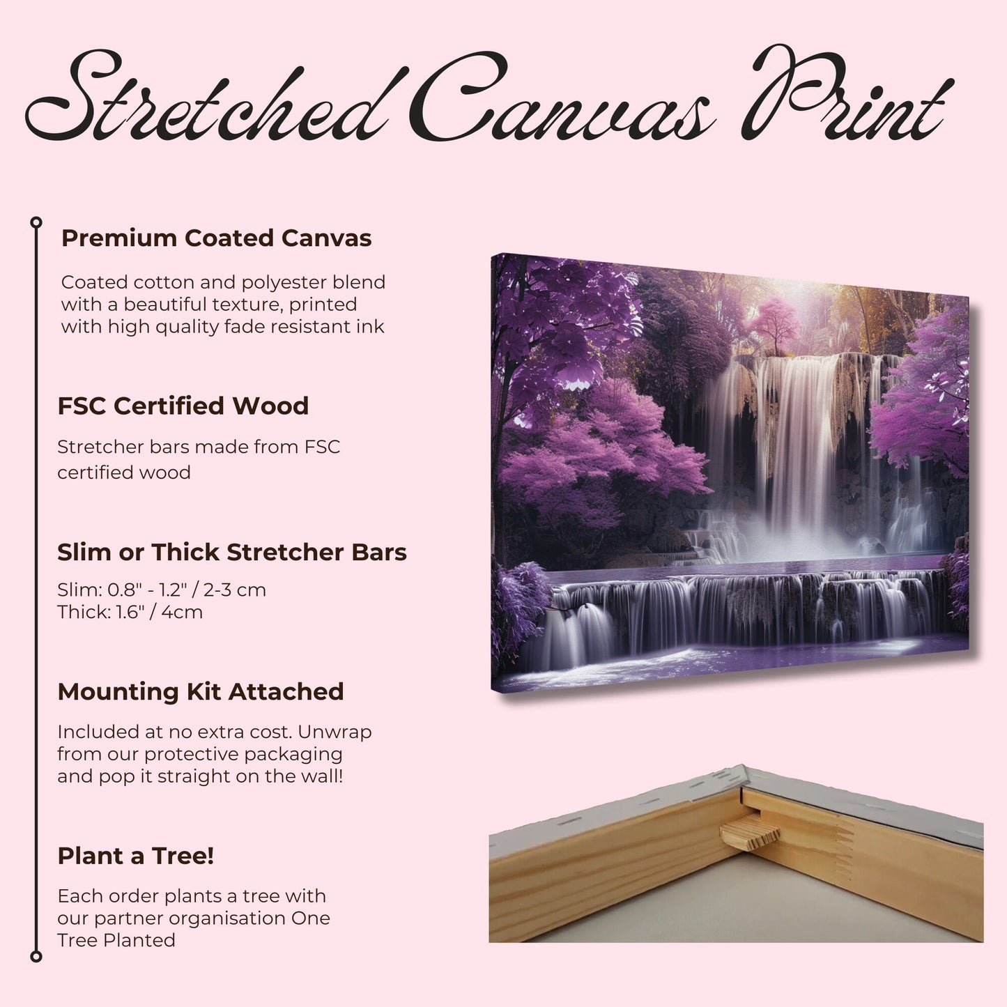 Beautiful Waterfall in a Purple Fairytale Woodland on Canvas. A unique floral forest scene. Violet home decor print, lilac office wall art - CanvasityCrafts - Free Shipping