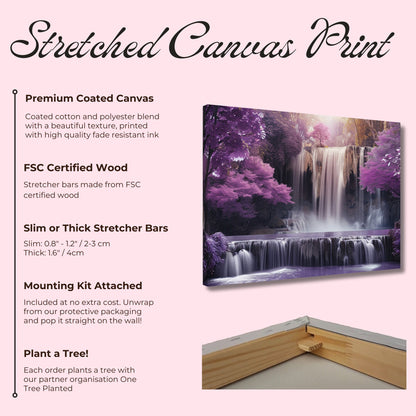 Beautiful Waterfall in a Purple Fairytale Woodland on Canvas. A unique floral forest scene. Violet home decor print, lilac office wall art - CanvasityCrafts - Free Shipping