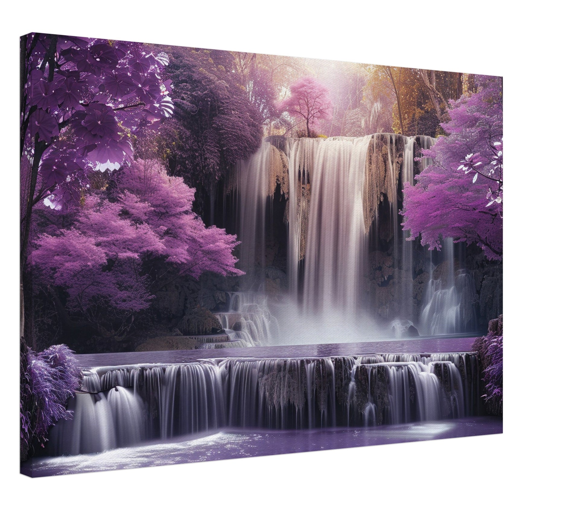 Beautiful Waterfall in a Purple Fairytale Woodland on Canvas. A unique floral forest scene. Violet home decor print, lilac office wall art - CanvasityCrafts - Free Shipping