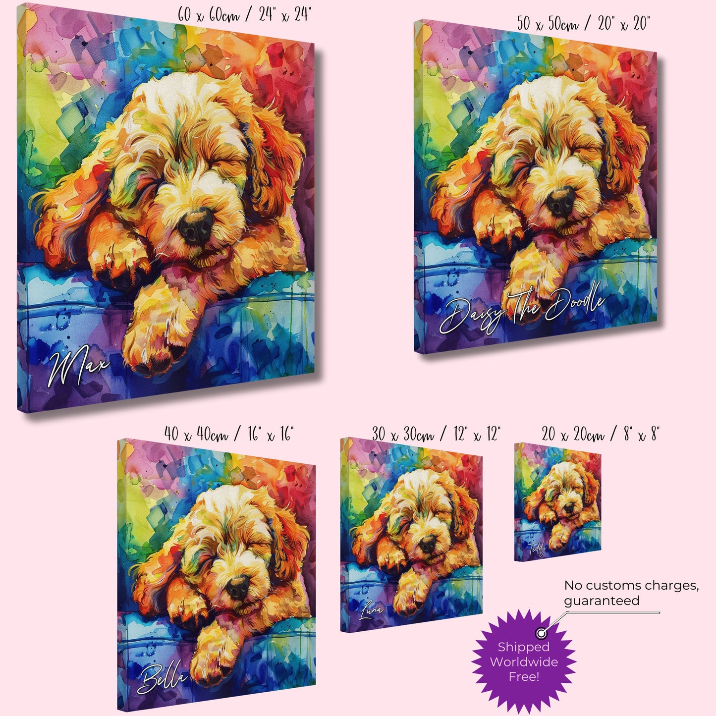 Personalised Cockapoo Canvas Print. Custom Dog Name. Doodle Mom Dad Gift, Rainbow Watercolour Pet Memorial Paint Splash Cavapoo Goldendoodle - CanvasityCrafts - Free Shipping