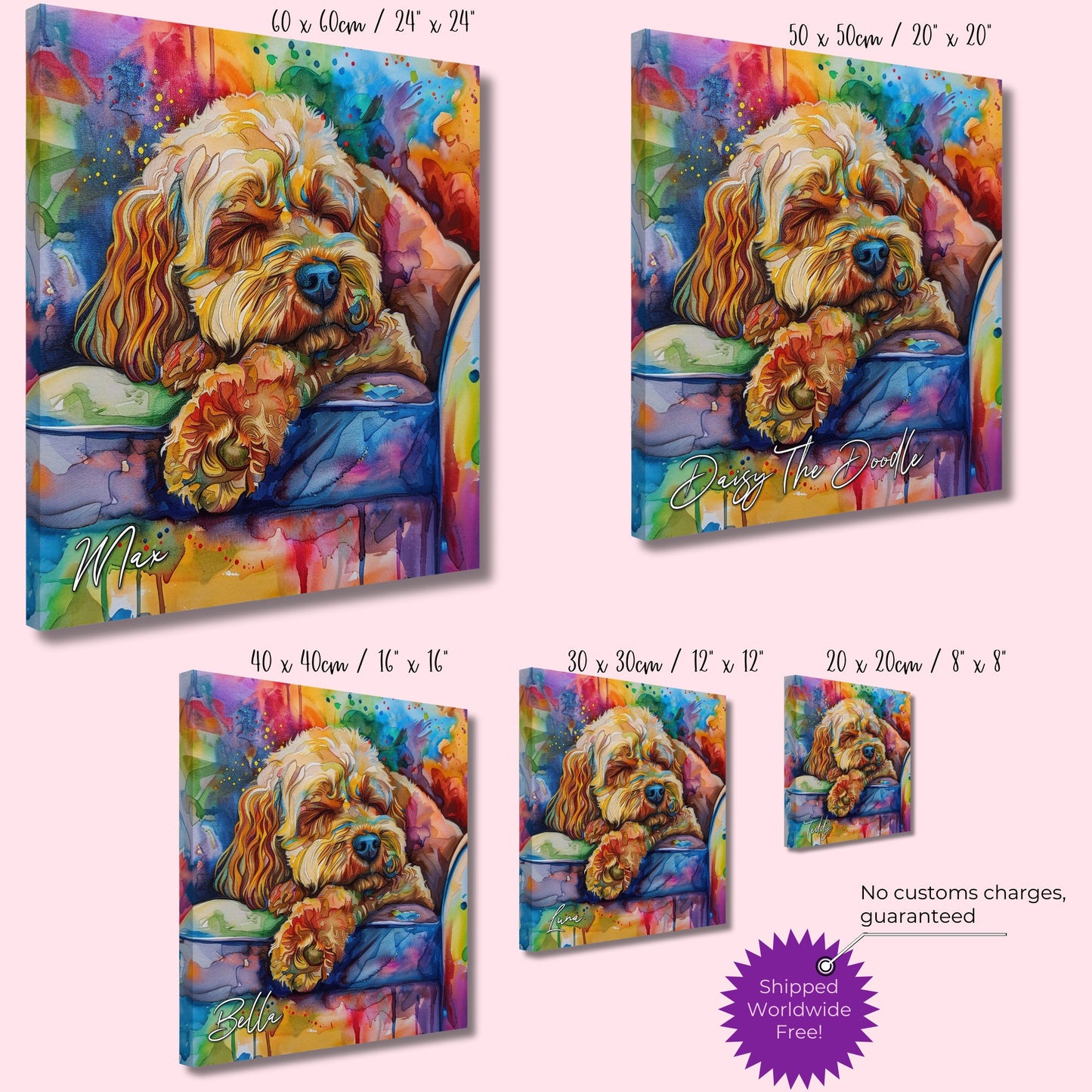 Personalised Cockapoo Canvas Print. Custom Dog Name. Doodle Mom Dad Gift, Rainbow Watercolour Pet Memorial Paint Splash Cavapoo Goldendoodle - CanvasityCrafts - Free Shipping