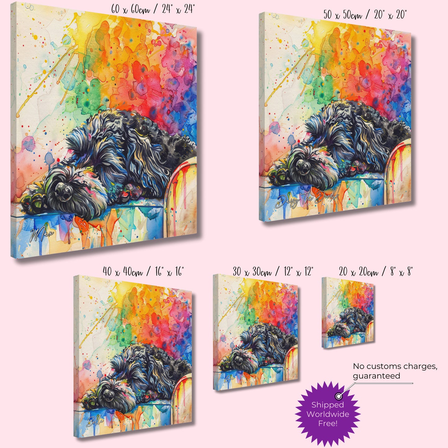 Personalised Black Cockapoo Sleeping Canvas Print. Custom Dog Name. Doodle Mom Dad Gift, Rainbow Watercolour Memorial Paint Splash Cavapoo - CanvasityCrafts - Free Shipping