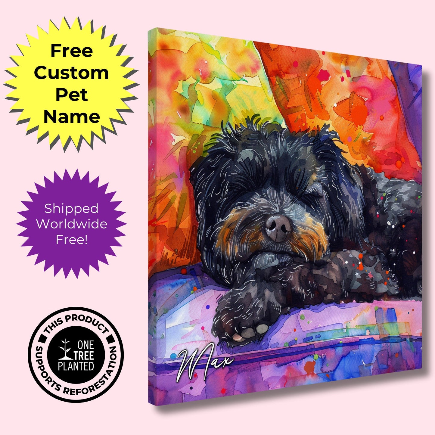 Personalised Black Cockapoo Canvas Print. Custom Dog Name. Sleeping Doodle Mom Dad Gift, Rainbow Watercolour Memorial Paint Splash Cavapoo - CanvasityCrafts - Free Shipping