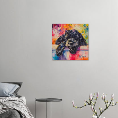 Personalised Black Cockapoo Canvas Print. Custom Dog Name. Sleeping Doodle Mom Dad Gift, Rainbow Watercolour Memorial Paint Splash Cavapoo - CanvasityCrafts - Free Shipping